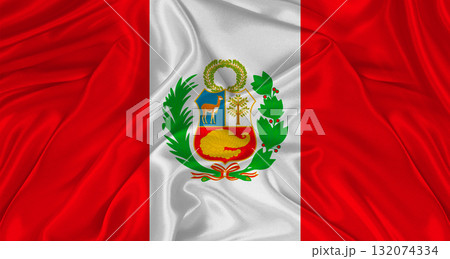 Flag of Peru with cloth texture. Close up of Peru flag waving 132074334