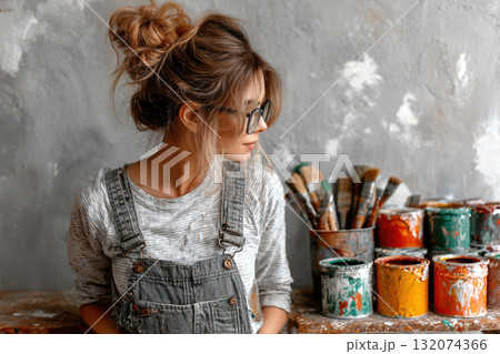 Creative artist with glasses in studio surrounded by colorful paint cans 132074366