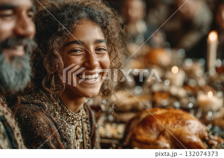 Joyful young woman smiling at festive table with delicious food spread 132074373