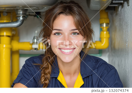 Smiling female technician working under sink with plumbing pipes visible Smiling female technician working under sink with plumbing pipes visible 132074374