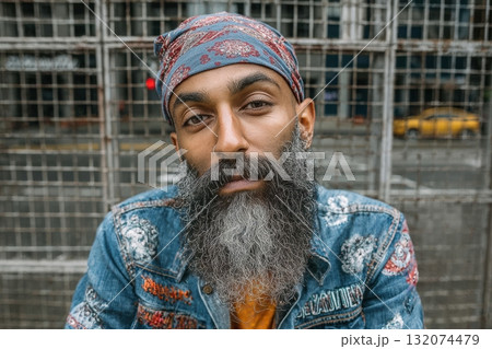 Stylish man with beard wearing denim jacket and bandana in urban setting 132074479