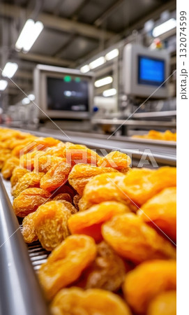 Dried apricots on conveyor belt in modern food processing factory 132074599