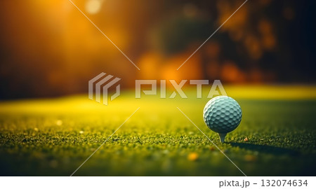 Golf ball on tee and green on golf course. 132074634