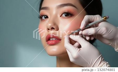 Asian Woman Undergoing Cosmetic Procedure for Facial Enhancement and Skin Perfection, close-up view Asian Woman Undergoing Cosmetic Procedure for Facial Enhancement and Skin Perfection, close-up view 132074801