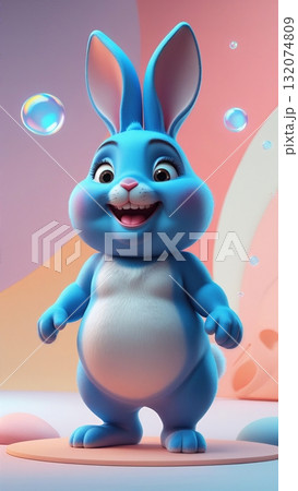Cheerful and Adorable Cartoon Blue Rabbit with a Fluffy Appearance on Pink Background. Easter bunny. 132074809