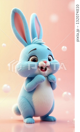 Cheerful and Adorable Cartoon Blue Rabbit with a Fluffy Appearance on Pink Background. Easter bunny. 132074810