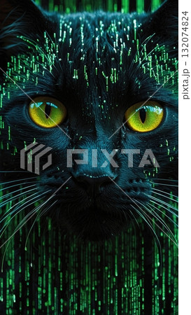 A Mysterious Cat with Glowing Green Eyes Staring from the Darkness of the Night 132074824