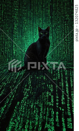Mysterious black cat with glowing green eyes amidst an intricate green binary code background. Cyber attack concept, online security. 132074825