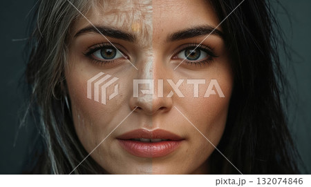 Young womans face split in half, showcasing contrasting features of youth and age, emphasizing the passage of time and beauty in diversity Young womans face split in half, showcasing contrasting features of youth and age, emphasizing the passage of time and beauty in diversity 132074846