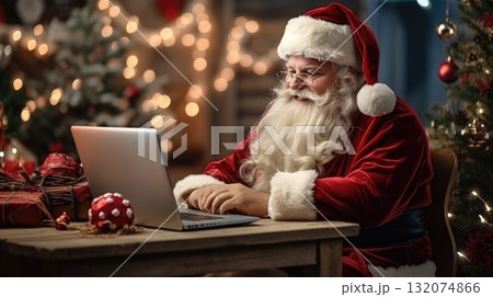 Happy old Santa Claus using laptop computer at home late on Christmas eve. Ecommerce website Boxing Day time holiday online shopping e commerce sale. Happy old Santa Claus using laptop computer at home late on Christmas eve. Ecommerce website Boxing Day time holiday online shopping e commerce sale. 132074866