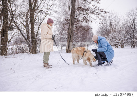Elderly woman and her adult daughter spending time outdoors with their Golden Retriever on a snowy winter day. The daughter crouches to interact with the dog while the mother holds the leash 132074987