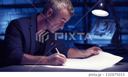 Caucasian architect middle age carefully works 132075015