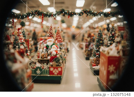 Shoppers explore a retail store aisle filled with Christmas decorations, including colorful trees, ornaments, and cheerful figures, creating a festive atmosphere Generative AI Shoppers explore a retail store aisle filled with Christmas decorations, including colorful trees, ornaments, and cheerful figures, creating a festive atmosphere Generative AI 132075148