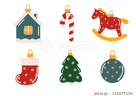 Set of decorations of different shapes: a ball, a house, a Christmas tree, a horse, a sock, a candy cane. Christmas tree decorations vector set isolated from background. 132075150