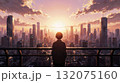 Serene figure gazing at sunset over futuristic city 132075160