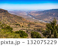 Multi-layered landscape of Oromia Region, featuring a river and small rural settlements below. Ethiopia 132075229