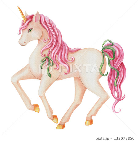 Magical watercolor unicorn with pink mane and ribbon hand drawn with sparkling glitter and pencil texture. Cute fairytale design for kids. Perfect for Christmas card poster and other seasonal art. Magical watercolor unicorn with pink mane and ribbon hand drawn with sparkling glitter and pencil texture. Cute fairytale design for kids. Perfect for Christmas card poster and other seasonal art. 132075850
