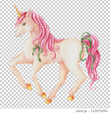 Magical watercolor unicorn with pink mane and ribbon hand drawn with sparkling glitter and pencil texture. Cute fairytale design for kids. Perfect for Christmas card poster and other seasonal art. 132075850