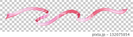 Long pink wavy ribbon hand drawn in watercolor with sparkling and shimmering pencil texture. Elegant festive design element for Christmas card or decorative poster and other seasonal project. 132075854