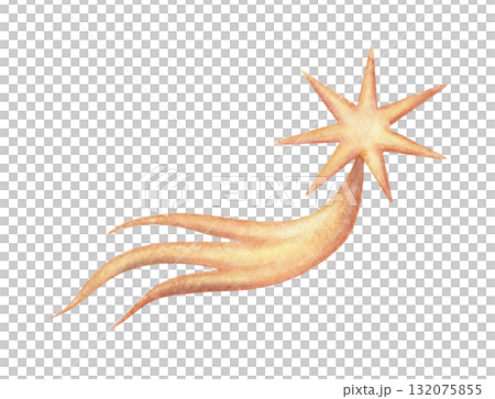 Copper metal comet ornament hand drawn in watercolor with sparkling glitter and pencil texture. Shiny celestial accent with warm metallic glow. Perfect for Christmas card poster and other festive art. 132075855