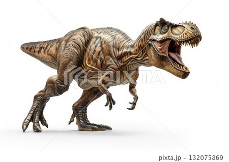Dinosaur roaring with open jaws, displaying sharp teeth and powerful stance. Fierce prehistoric scene ideal for wildlife and adventure themes. Dinosaur roaring with open jaws, displaying sharp teeth and powerful stance. Fierce prehistoric scene ideal for wildlife and adventure themes. 132075869