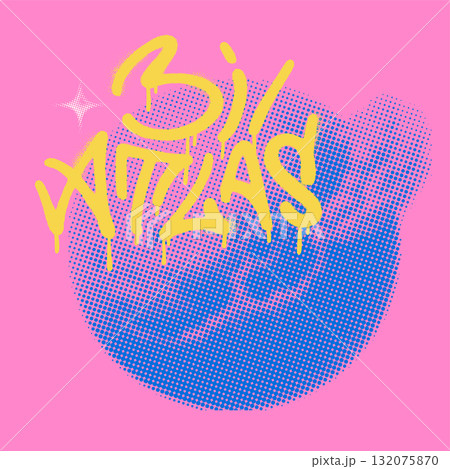 3i Atlas print in collage style with halftone asteroids silhouette and Graffiti Tag Typography Bold Urban Street Quote in Raw Handstyle Lettering with Spray Drip Effect, Streetwear Sticker . Vector 132075870