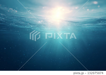 Ocean scene shines with sunlight, featuring light rays diving into blue depths. Suitable for travel and marine art. Ocean scene shines with sunlight, featuring light rays diving into blue depths. Suitable for travel and marine art. 132075874