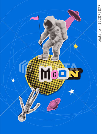 Space surreal collage poster With An Astronaut and Alien on the moon in outer space. Humor funny Concept . Flat vector illustration with torn out paper stickers and letters. 132075877