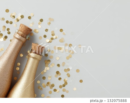 Golden champagne bottle with corks on confetti background. Festive scene offers celebration party vibe. 132075888