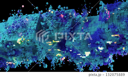 Futuristic digital cubes explosion, neon light and abstract 3D blocks structure 132075889