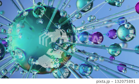 Glowing glass sphere with dynamic threads and colorful drops 132075891