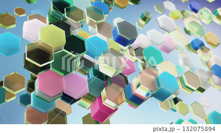 Colorful glowing 3D hexagons floating in abstract futuristic digital space 132075894