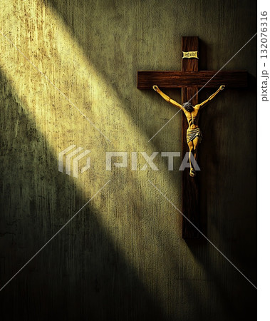Wooden cross with Jesus Christ on it is lit up by the sun 132076316