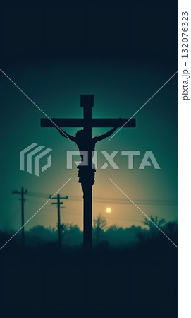Silhouette of Jesus Christ is shown in a dark sky 132076323