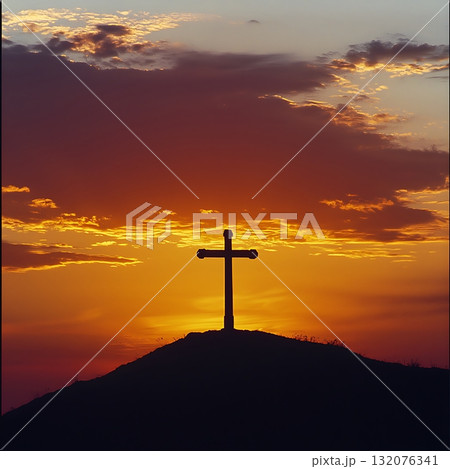 Cross is silhouetted against a beautiful sunset 132076341