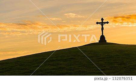 Cross is on a hillside at sunset Cross is on a hillside at sunset 132076351