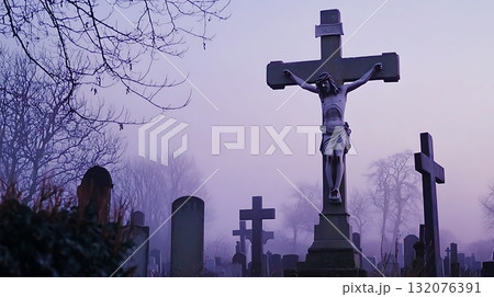 Cross with the word Jesus on it is in a cemetery 132076391