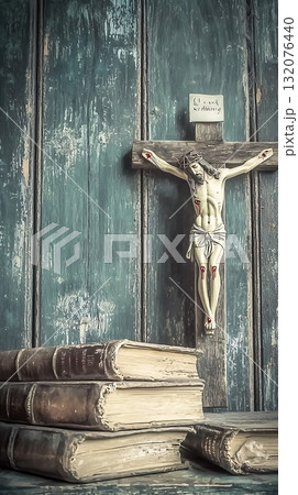 Wooden cross is on top of a stack of books 132076440