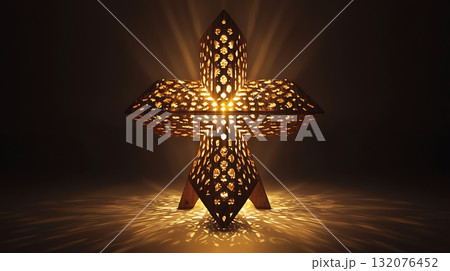 Lighted wooden cross with a lot of holes in it 132076452