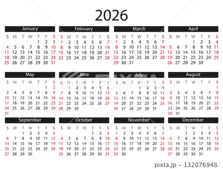 2026 Full-Year Calendar With Highlighted Weekends and Bold Month Headers. 2026 Full-Year Calendar With Highlighted Weekends and Bold Month Headers. 132076948