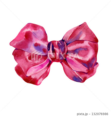 Hand drawn watercolor illustration of a flirty bow coquette in satin, silk, fabric, pink, purple, perfect for romantic patterns, compositions, stickers, decor, frames and invitations. 132076986