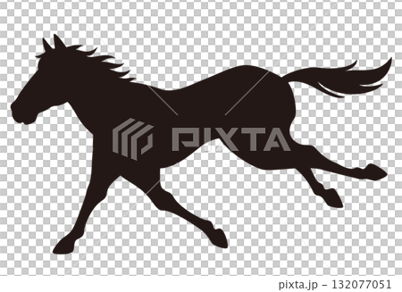 疾走する馬のシルエット/走る馬の横姿(足伸ばしポーズ) 疾走する馬のシルエット/走る馬の横姿(足伸ばしポーズ) 132077051