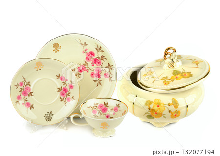 Collectible Old-Fashioned Sugar Bowl, Cup, and Saucers with Gilt Trim 132077194