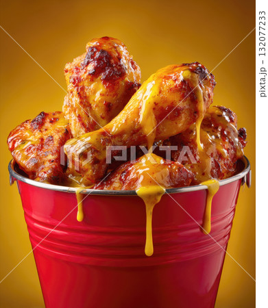 bucket full of golden-brown, crispy fried or grilled chicken pieces (wings and drumsticks), heavily coated in a rich, dripping yellow sauce, set against a golden yellow background. 132077233