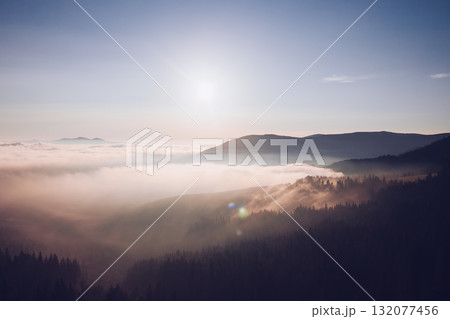 Impressive image of hills with coniferous trees in the morning light. 132077456