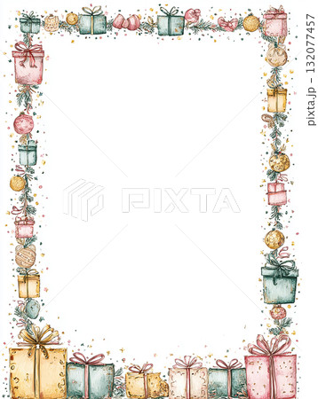 クリスマスプレゼントと金色の飾りのフレーム背景　やさしいピンクトーンの水彩風イラスト 132077457
