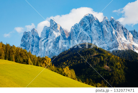 Magic image of sunny hills in St. Magdalena village. Location Funes valley, Dolomiti Alps. Province of Bolzano, South Tyrol, Italy. Europe. 132077471