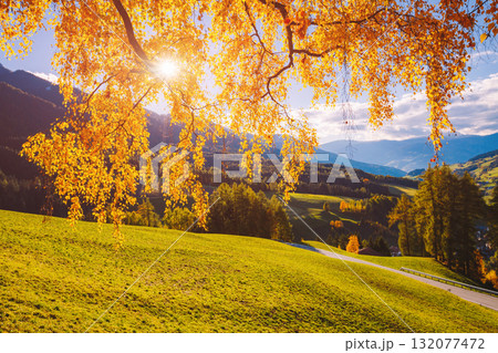 Magic image of sunny hills in Santa Magdalena village. Funes valley, Dolomite Alps. 132077472