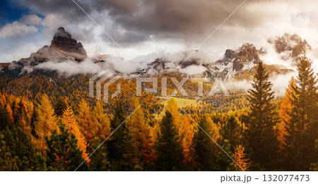 Stunning image of the alpine valley. Location place National Park Tre Cime di Lavaredo, South Tyrol. 132077473