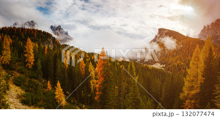 Stunning image of the alpine valley. Location place National Park Tre Cime di Lavaredo, South Tyrol. 132077474